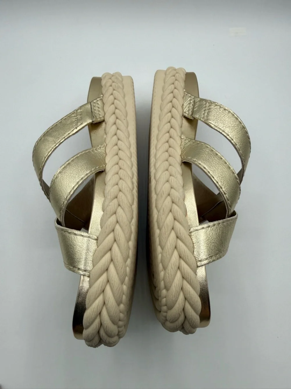 Lucky Brand Lofftee Gold Espadrille Slide Metallic Crisscross Sandals Size 10
